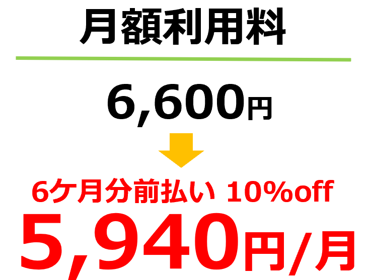 月額利用料 1ヶ月あたり6,000円→6ヶ月前払い価格5,400円