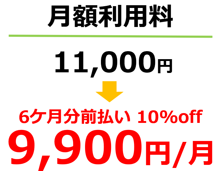 月額利用料 1ヶ月あたり10,000円→6ヶ月前払い前払い価格9,000円